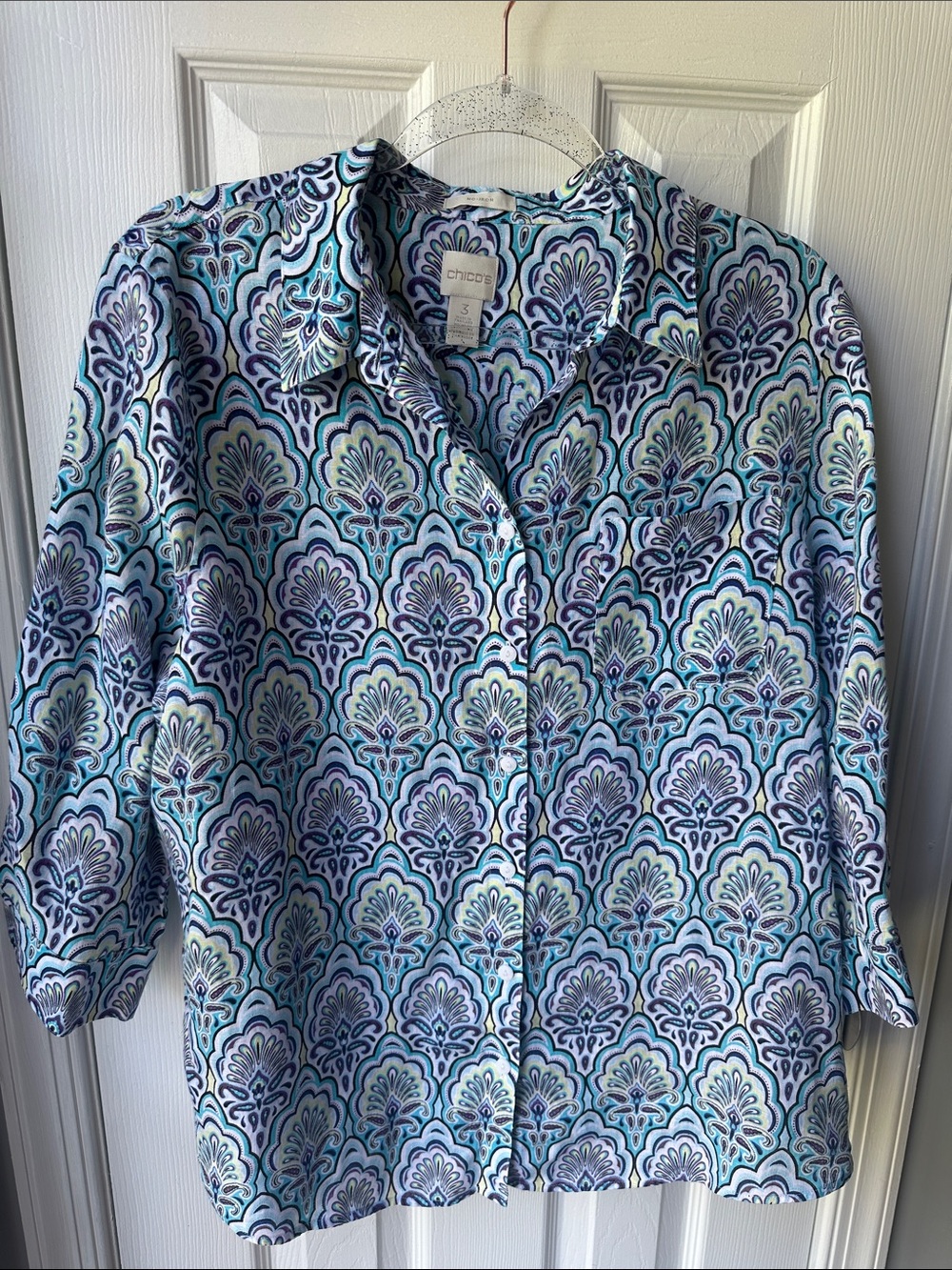 Chico's Teal and Navy Paisley Linen Button Front Top